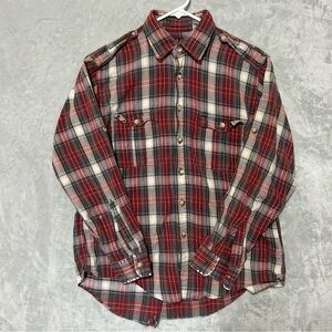 Distressed Willis Geiger Vintage Casual Plaid Button-Up Shirt Red Large